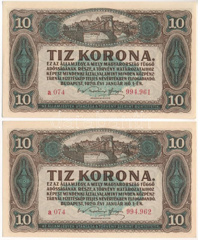 1920. 10K (2x) sorszámkövetők 'a 074 994.961 - a 074 994.962' T:AU kissé hullámos papír Adamo K15
