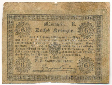 1849. 6kr 'K. K. Hauptmünzamt Münzschein' T:VG folt, kis szakadás Hungary 1849. 6 Kreuzer 'K. K. Hauptmünzamt Münzschein' C:VG spotted, small tear Adamo 84