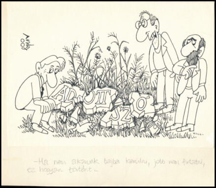 Balázs Piri Balázs (1937-2014): Adott szó (karikatúra), 1990. Tus, papír, Jelzett. Papírra kasírozva. Hátoldalán 'Igazság Varsó' felirattal, az Igazság c. lap részére készült karikatúra. 20x24 cm