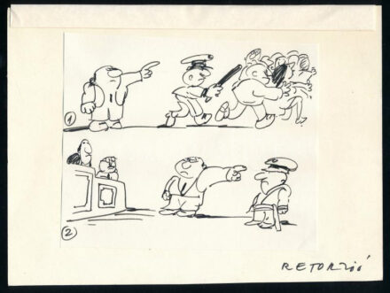 Sajdik Ferenc (1930-): Retorzió (karikatúra). Tus, papír, Hátoldalt jelzett és 'Igazság Varsó' felirattal, az Igazság c. lap részére készült karikatúra. 12x15 cm