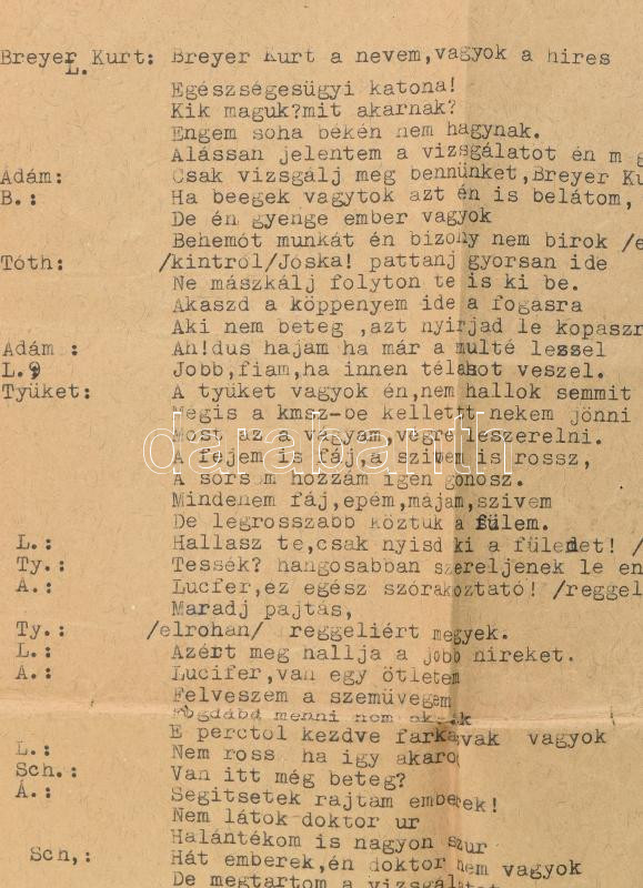 1943 A KMSZ 'Ember Tragédiája', írta: Demeter Imre, szereplők: Sivó (Schön) Emil, Demeter Imre, Bárdi György, gépelt kézirat hat lapon, utolsó lapon ceruzás kiegészítésekkel; borítékban, mely szerint 1943-ban Rimaszombatban a - Image 2