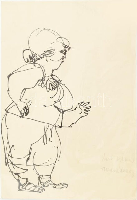 Csohány Kámán (1925-1980):. Mit csinál szomszédasszony. Tus, papír, jelzés nélkül, megjelent Obersovszky Gyula: Játékos istenek. c. 22x16 cm