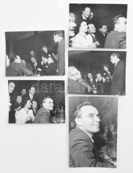1948 Rajk László, Kádár János, Kállai Gyula, Major Tamás, Olthy Magda és más neves személyiségek szilveszteri ünnepségen a Nemzeti Színházban, hátoldalán nevesített 5 db fotó, Wellesz Ella jelzés nélküli felvételei, későbbi