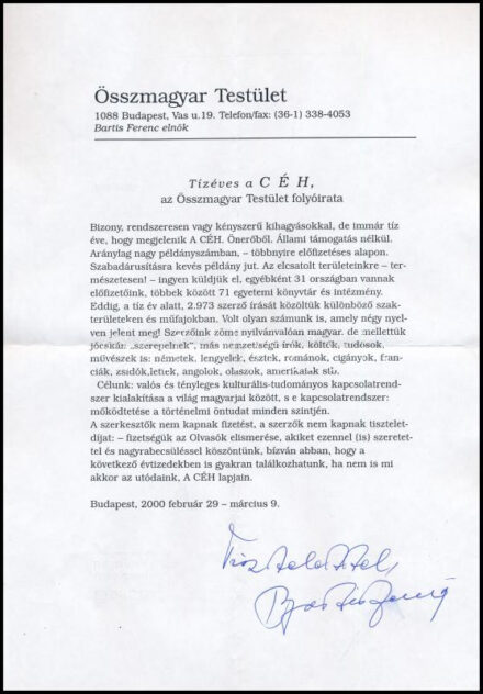 Bartis Ferenc (1936-2006) író aláírása az Összamagyar Testület fejléces levélpapírján