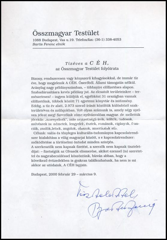 Bartis Ferenc (1936-2006) író aláírása az Összamagyar Testület fejléces levélpapírján