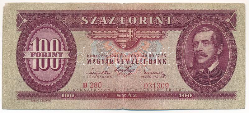 1947. 100Ft 'B 280 031309' T:F kis sarokhiány, apró szakadás Adamo F27