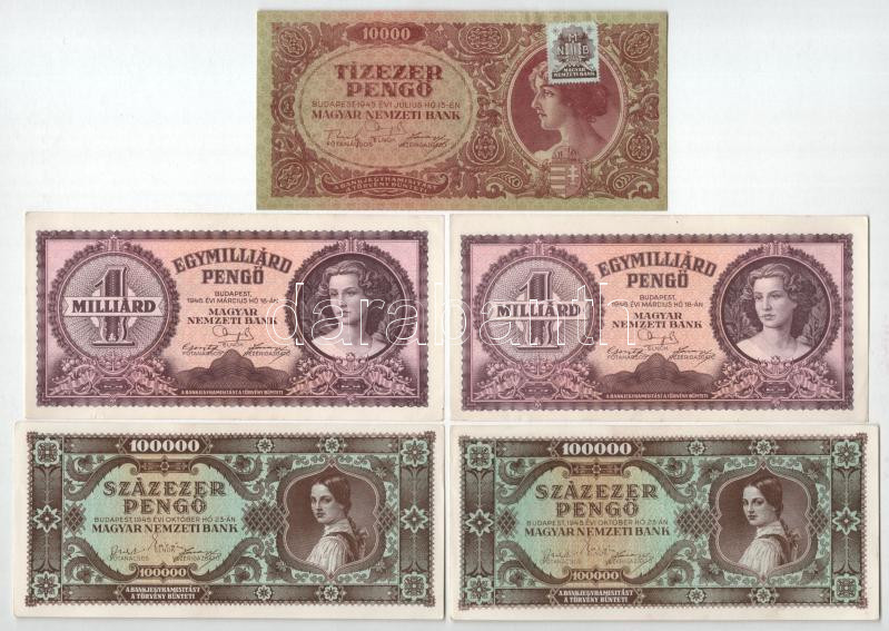 1945. 10.000P 'MNB' bélyeggel + 100.000P (2x) + 1946. 1.000.000.000P (2x) közeli sorszámok T:AU,XF