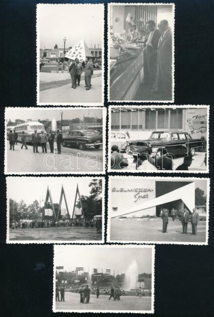 1961 BNV, kiállítási enteriőr élelmiszerekkel, Csajka autóval, mellette külső felvételek, 7 db fotó, hátoldalán feliratozott és datált, 6,5x9,5 cm