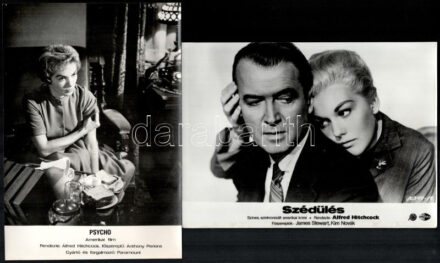 Alfred Hitchcock filmjei, portréi, plakát másolata, 2 db vintage produkciós filmfotó ezüst zselatinos fotópapíron, + 2 db portré + 1 db filmplakát fotómásolaton, összesen 5 db kép, ebből három modern nagyítás, 18x24 cm és 15x10