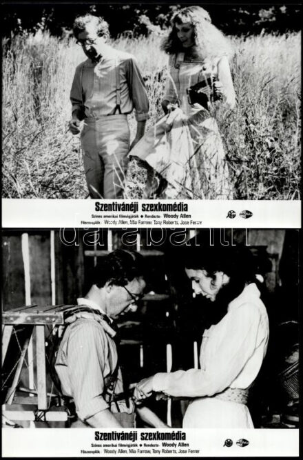 cca 1982 ,,Szentivánéji szexkomédia' című amerikai filmvígjáték jelenetei és szereplői (rendezte és a főszerepet játszotta Woody Allen), 3 db vintage produkciós filmfotó, ezüst zselatinos fotópapíron, + hozzáadva 1 db modern