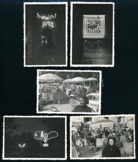 1959 Budapest, Vidámpark neonfényei (Elvarázsolt kastély) és más budapesti helyszínek, 5 db fotó, hátoldalán feliratozott és datált, 6x9,5 cm