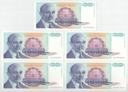 Jugoszlávia 1993. 500.000.000D (10x) sorszámkövetők 'AB 4916631 - AB 4916640' T:UNC kissé hullámos papír Yugoslavia 1993. 500.000.000 Dinara (10x) consecutive serials 'AB 4916631 - AB 4916640' C:UNC slightly wavy paper Krause P#134