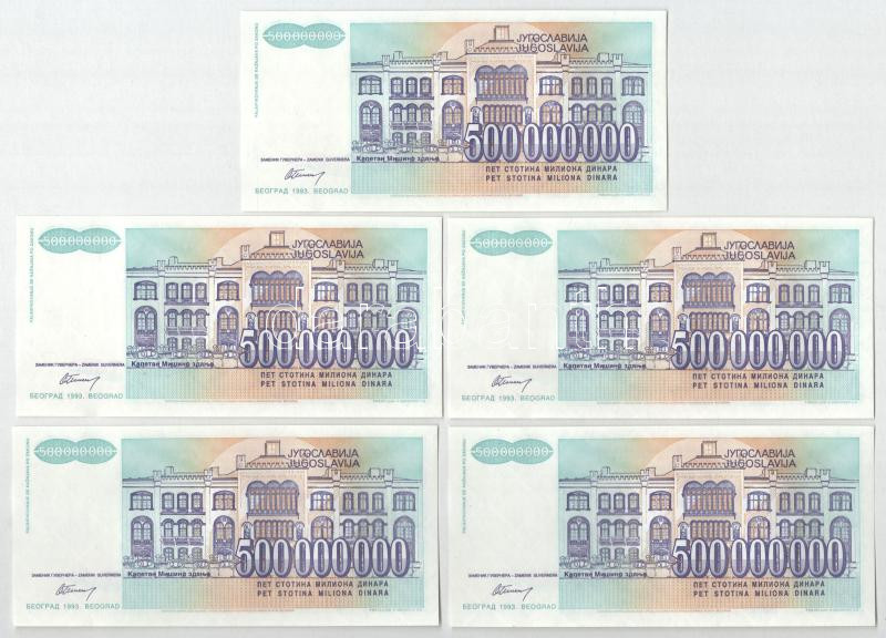Jugoszlávia 1993. 500.000.000D (10x) sorszámkövetők 'AB 4916631 - AB 4916640' T:UNC kissé hullámos papír Yugoslavia 1993. 500.000.000 Dinara (10x) consecutive serials 'AB 4916631 - AB 4916640' C:UNC slightly wavy paper Krause P#134 - Image 2