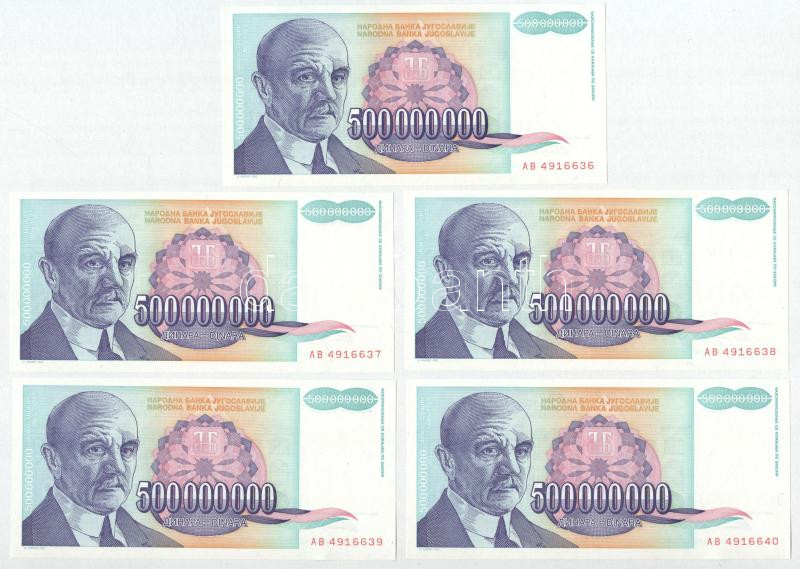 Jugoszlávia 1993. 500.000.000D (10x) sorszámkövetők 'AB 4916631 - AB 4916640' T:UNC kissé hullámos papír Yugoslavia 1993. 500.000.000 Dinara (10x) consecutive serials 'AB 4916631 - AB 4916640' C:UNC slightly wavy paper Krause P#134 - Image 3