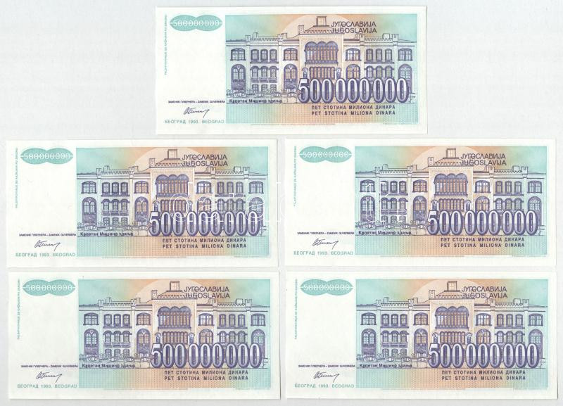 Jugoszlávia 1993. 500.000.000D (10x) sorszámkövetők 'AB 4916631 - AB 4916640' T:UNC kissé hullámos papír Yugoslavia 1993. 500.000.000 Dinara (10x) consecutive serials 'AB 4916631 - AB 4916640' C:UNC slightly wavy paper Krause P#134 - Image 4