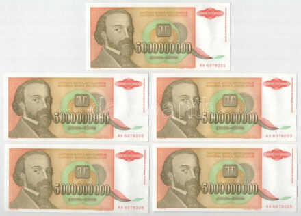 Jugoszlávia 1993. 5.000.000.000D (10x) sorszámkövetők 'AA 6078221 - AA 6078230' T:AU halvány vízfolt, hullámos papír Yugoslavia 1993. 5.000.000.000 Dinara (10x) consecutive serials 'AA 6078221 - AA 6078230' C:AU pale water spot, wavy