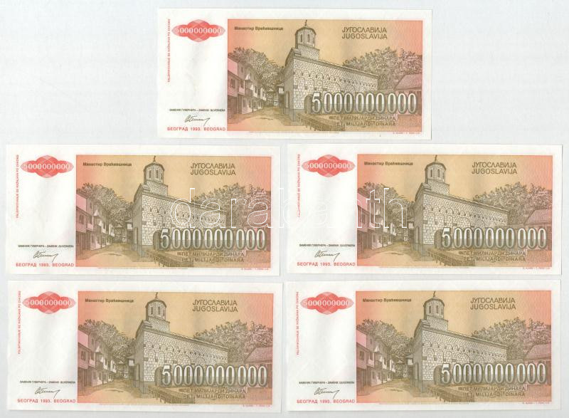 Jugoszlávia 1993. 5.000.000.000D (10x) sorszámkövetők 'AA 6078221 - AA 6078230' T:AU halvány vízfolt, hullámos papír Yugoslavia 1993. 5.000.000.000 Dinara (10x) consecutive serials 'AA 6078221 - AA 6078230' C:AU pale water spot, wavy - Image 2