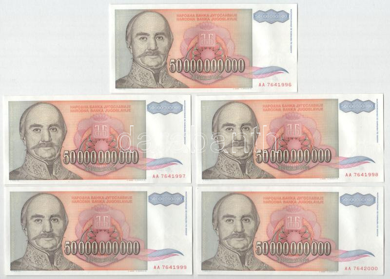 Jugoszlávia 1993. 50.000.000.000D (5x) sorszámkövetők 'AA 7641996 - AA 7642000' T:AU halvány vízfolt, hullámos papír Yugoslavia 1993. 50.000.000.000 Dinara (5x) consecutive serials 'AA 7641996 - AA 7642000' C:AU pale water spot, wavy