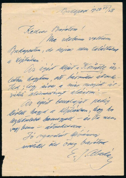 1950 Edvi Illés Aladár (1870-1958) festő, grafikus, főiskolai tanár, Munkácsy-díjas, érdemes művész saját kézzel írt levele Sárdy Brutus (1892-1970) festőművész, restaurátor részére, saját kezű aláírásával.