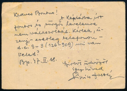 1947 Pipics Zoltán (1900-1975) művészettörténész, az OSZK főkönyvtárosának (1953-1962) saját kézzel írt sorai, levelezőlapon, Sárdy Brutus (1892-1970) festőművész, restaurátor részére, saját kezű aláírásával.