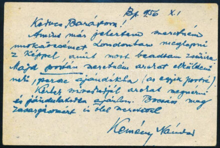 1956 Kemény Nándor (1885-1972) festőművész saját kézzel írt levele, lapon, Sárdy Brutus (1892-1970) festőművész, restaurátor részére, saját kezű aláírásával.