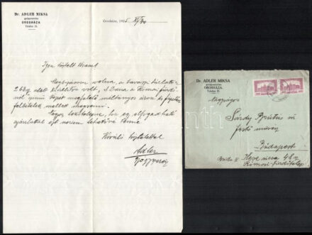 1925 Orosháza, Dr. Adler Miksa gyógyszerész saját kézzel írt levele Sárdy Brutus (1892-1970) festőművész, restaurátor részére 'A Duna a Rómaifürdőnél' c. képe megvásárlásával kapcsolatban, fejléces papíron, aláírással,