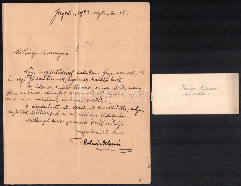 1923-1926 Dr. Kanyó Lajosné Takáts Júlia, Dr. Kanyó Lajos curiai bíró özvegyének szóló 2 db levél, és 1 db névjegykártya. (Sárdy Brutus (1892-1970) festőművész, restaurátor édesanyja, aki kétszer ment férjhez (Kanyó Lajos - Image 2