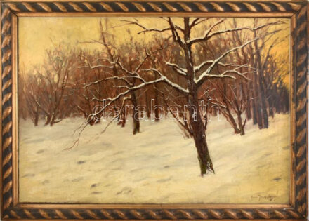 Rainerné Istvánffy Gabriella (1875-1964): Téli táj. Olaj, vászon, jelzett, dublírozott. Dekoratív, sérült fakeretben, 70×100 cm KIZÁRÓLAG SZEMÉLYES ÁTVÉTEL, NEM POSTÁZZUK! / ONLY PERSONAL COLLECTION AT OUR OFFICE!