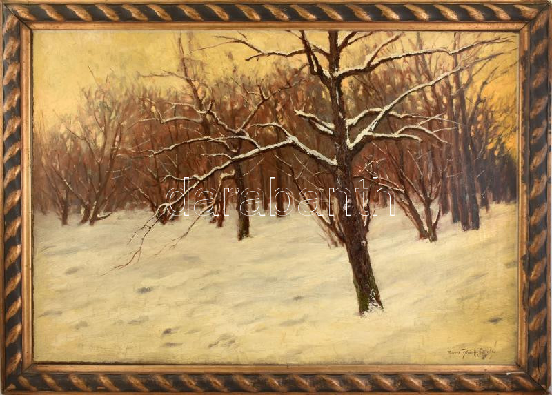 Rainerné Istvánffy Gabriella (1875-1964): Téli táj. Olaj, vászon, jelzett, dublírozott. Dekoratív, sérült fakeretben, 70×100 cm KIZÁRÓLAG SZEMÉLYES ÁTVÉTEL, NEM POSTÁZZUK! / ONLY PERSONAL COLLECTION AT OUR OFFICE!
