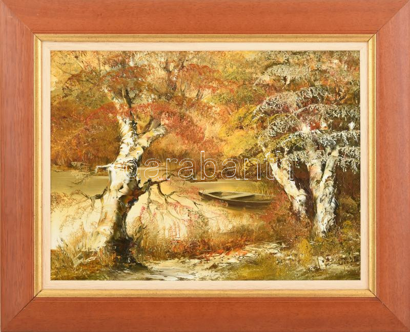 Bocsák Krisztina (1964- ): Árnyas part. Olaj, farost. Dekoratív fakeretben. 30x40 cm. Hátoldalán certifikáttal.