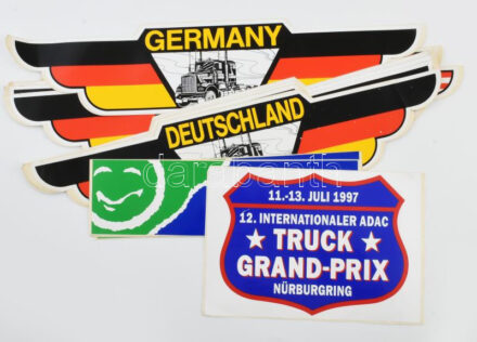 Nagyméretű használatlan kamionos matricák, összesen 18, közte 'Germany/Deutschland' (9 db), 'U.S.A.' (4 db), 'Break Time Dover TruckStop' (4 db), és 1 db '1997 Truck Grand Prix Nürnurgring', 12x47 cm és 16x24 cm