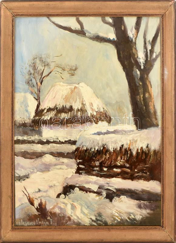 Ilosvai Varga István jelzéssel: Behavazott táj. Olaj, farost, jelzett, fakeretben, 50×39 cm