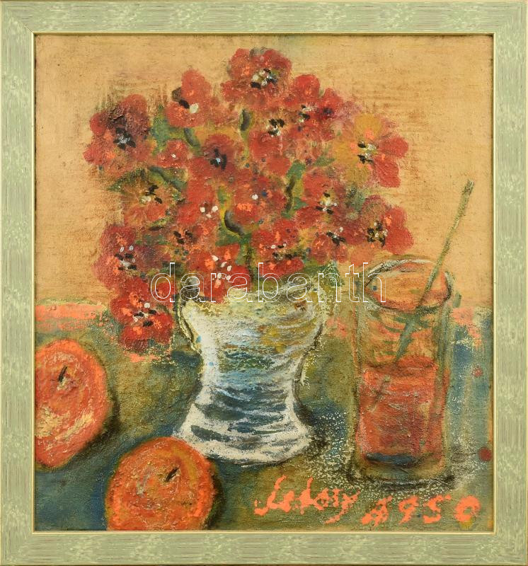 Olvashatatlan jelzéssel: Csendélet. Olaj, vászon, jelzett, fakeretben, 43,5×40 cm