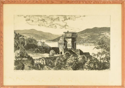 Csurgói Máté Lajos (1931-2001): Salamon tornya. Rézkarc, papír, jelzett, lap széle foltos, üvegezett fakeretben. 27x47 cm