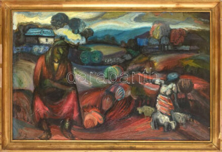 Nagy János (1922-2009): Gyermekkori emlék. Olaj, farost. jelezve balra lent. Hátoldalán autográf felirattal. Dekoratív, sérült. fakeretben, 53x80 cm