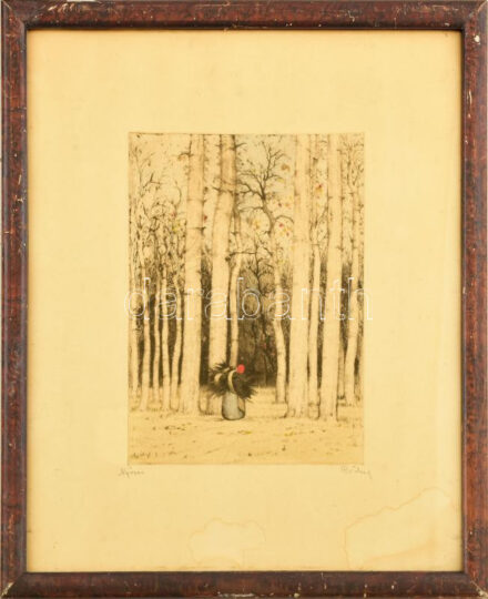 Csillag József (1894-1977): Nyíres. Színezett rézkarc. Üvegezett fakeretben. Lap széle foltos. 23x17,5 cm.