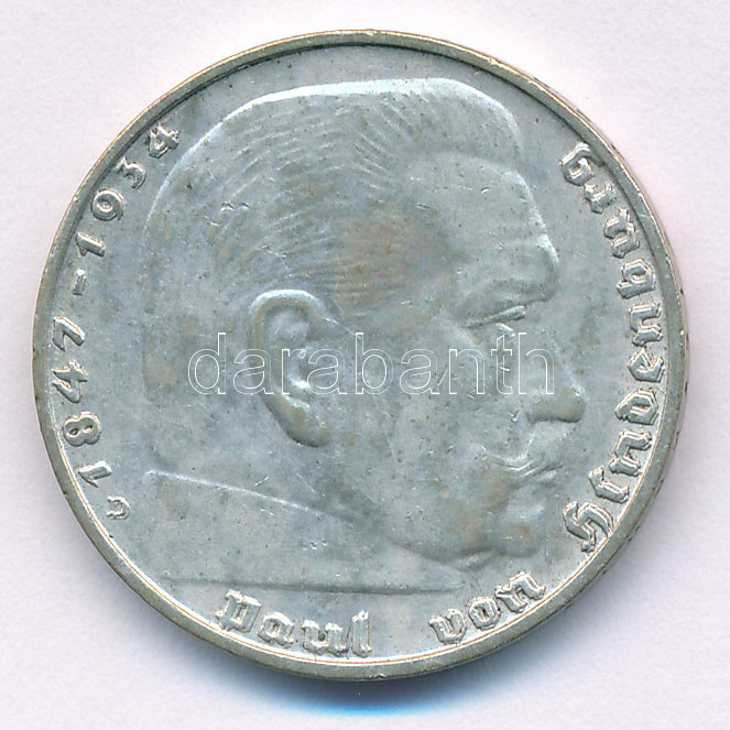 Német Harmadik Birodalom 1939D 2M Ag 'Hindenburg' T:AU patina, kis ph German Third Reich 1939D 2 Mark Ag 'Hindenburg' C:AU patina, small edge error Krause KM#93