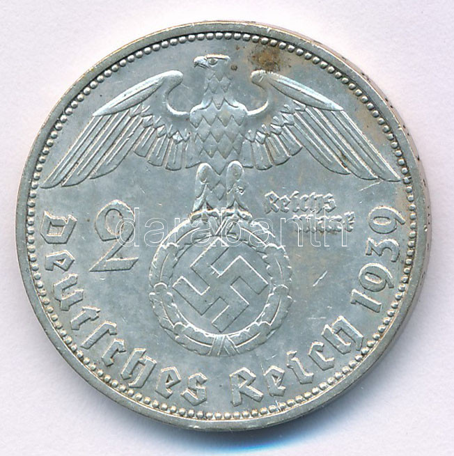 Német Harmadik Birodalom 1939D 2M Ag 'Hindenburg' T:AU patina, kis ph German Third Reich 1939D 2 Mark Ag 'Hindenburg' C:AU patina, small edge error Krause KM#93 - Image 2