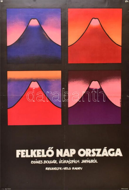 1973 Szyksznian Wanda (1948-): Felkelő nap országa, színes bolgár útirajzfilm Japánra, rendezte: Velo Radev, pop-art stílusú film plakát, MOKÉP, Magyar Hirdető, Bp., Offset-ny., hajtásnyomokkal, 60x40 cm