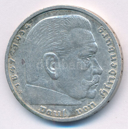 Német Harmadik Birodalom 1939B 5M Ag 'Hindenburg' T:XF patina, kis ph German Third Reich 1939B 5 Marks Ag 'Hindenburg' C:XF patina, small edge error Krause KM#94