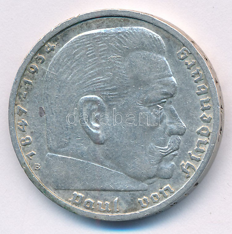 Német Harmadik Birodalom 1939B 5M Ag 'Hindenburg' T:XF patina, kis ph German Third Reich 1939B 5 Marks Ag 'Hindenburg' C:XF patina, small edge error Krause KM#94