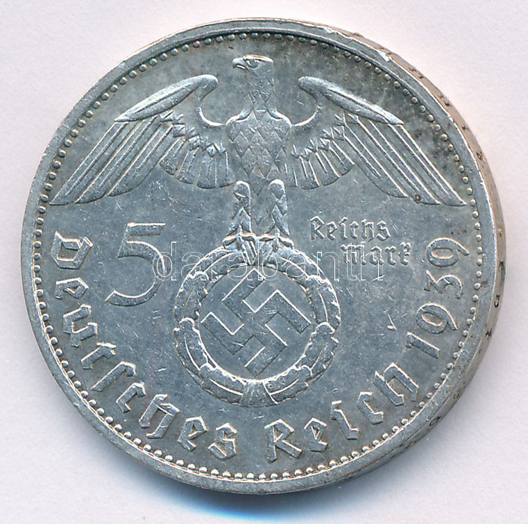 Német Harmadik Birodalom 1939B 5M Ag 'Hindenburg' T:XF patina, kis ph German Third Reich 1939B 5 Marks Ag 'Hindenburg' C:XF patina, small edge error Krause KM#94 - Image 2