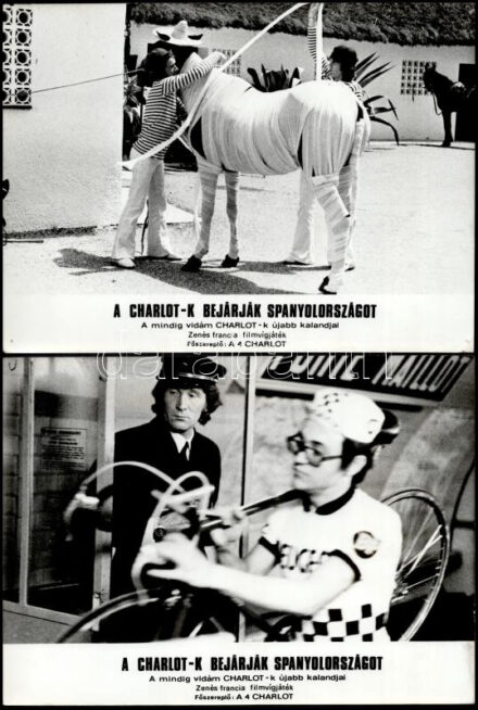 cca 1972 ,,A Charlot-K bejárják Spanyolországot' című francia filmvígjáték jelenetei és szereplői, 21 db vintage produkciós filmfotó, ezüst zselatinos fotópapíron, a használatból eredő (esetleges) kisebb hibákkal, 18x21 cm
