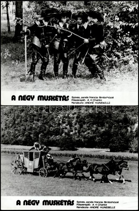 cca 1974 ,,A négy muskétás' című francia filmbohózat jelenetei és szereplői (a négy Charlot főszereplésével), 13 db vintage produkciós filmfotó, ezüst zselatinos fotópapíron, a használatból eredő (esetleges) kisebb hibákkal,