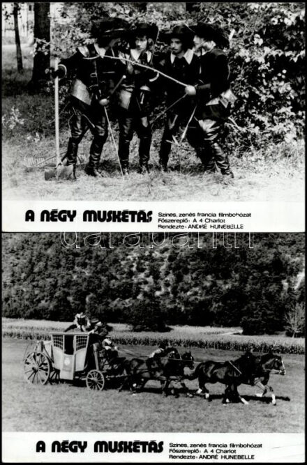 cca 1974 ,,A négy muskétás' című francia filmbohózat jelenetei és szereplői (a négy Charlot főszereplésével), 13 db vintage produkciós filmfotó, ezüst zselatinos fotópapíron, a használatból eredő (esetleges) kisebb hibákkal,