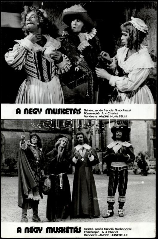 cca 1974 ,,A négy muskétás' című francia filmbohózat jelenetei és szereplői (a négy Charlot főszereplésével), 13 db vintage produkciós filmfotó, ezüst zselatinos fotópapíron, a használatból eredő (esetleges) kisebb hibákkal, - Image 2