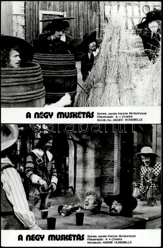 cca 1974 ,,A négy muskétás' című francia filmbohózat jelenetei és szereplői (a négy Charlot főszereplésével), 13 db vintage produkciós filmfotó, ezüst zselatinos fotópapíron, a használatból eredő (esetleges) kisebb hibákkal, - Image 3