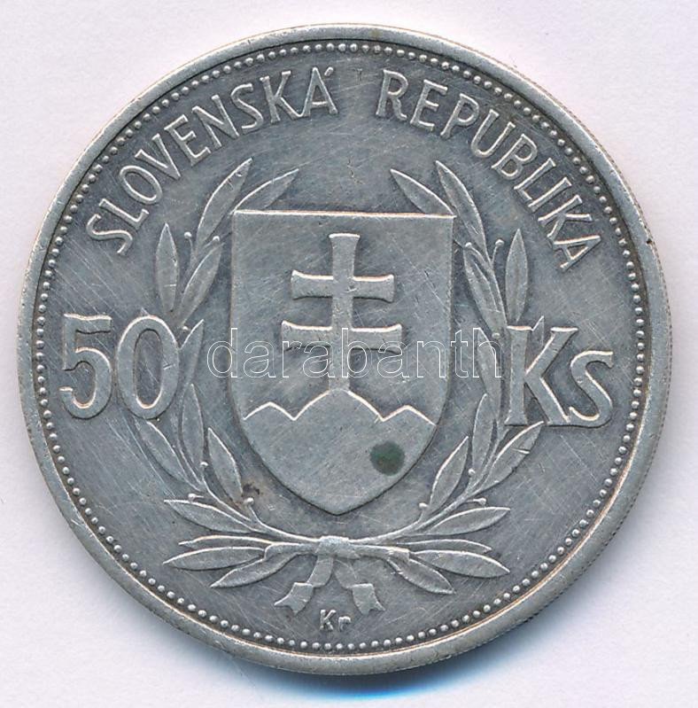 Szlovákia 1944. 50K Ag 'A Függetlenség 5. évfordulója' T:XF,VF kis ph, karc Slovakia 1944. 50 Korun Ag '5th Anniversary of Independence' C:XF,VF small edge error, scratch Krause KM#10 - Image 2