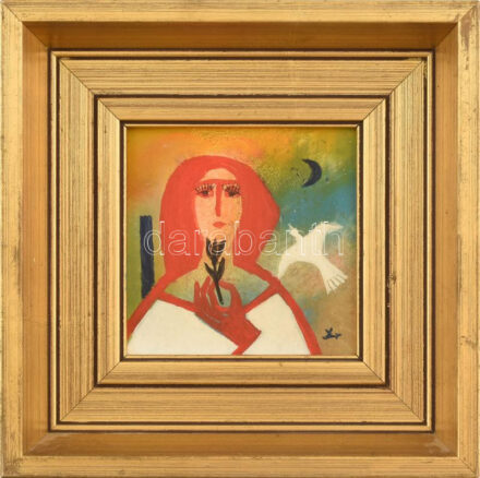 Drégely László (1932-1990): Fekete tulipán, fehér madár. Olaj, farost, jelezve jobbra lent, hátoldalán Drégely László autográf ajándékozási soraival. Proveniencia: Ury Ibolya (1924-2009), a Műcsarnok tudományos főmunkatársa