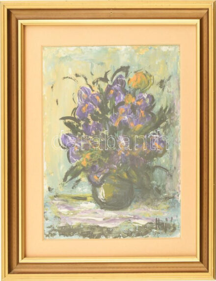 Hajós Hollanda Éva (1935-): Csendélet. Olaj, farost, jelzett. Proveniencia: Ury Ibolya (1924-2009), a Műcsarnok tudományos főmunkatársa hagyatékából. Üvegezett fakeretben, 26x20 cm